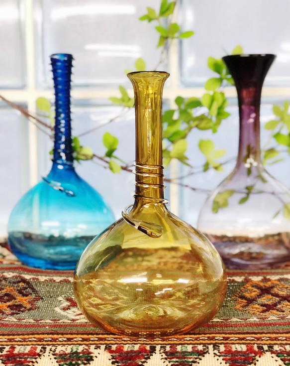 吹きガラス花瓶★金彩蒼 煌めくペルシャガラスの壷 【アンバー】～ペルシャの手吹きガラス