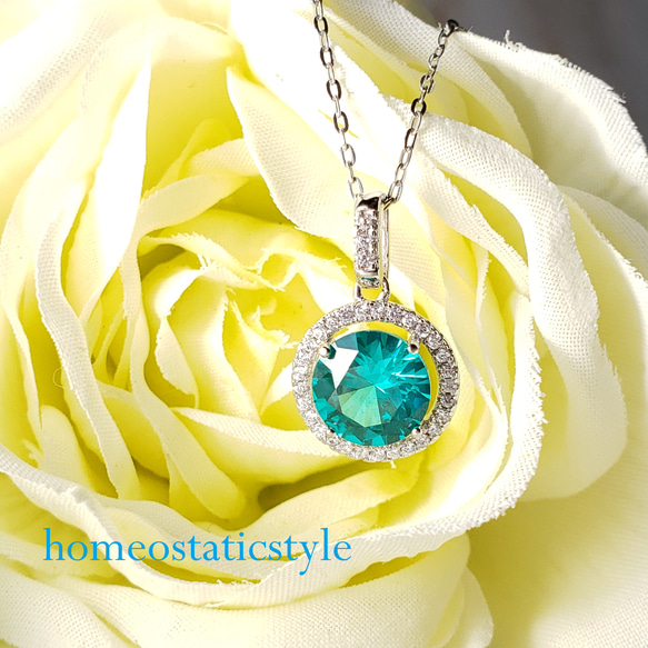 受注制作  奇跡の輝き✨ パライバトルマリン　人工宝石　ダイヤモンドCZ　ヘイローネックレス 1枚目の画像