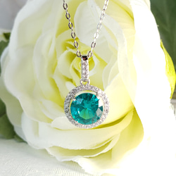 受注制作  奇跡の輝き✨ パライバトルマリン　人工宝石　ダイヤモンドCZ　ヘイローネックレス 2枚目の画像