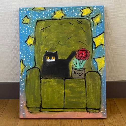絵画。原画☆キャンバスF6【黒猫はプレゼントを持って花が咲く日を迎えに行く】ゴス