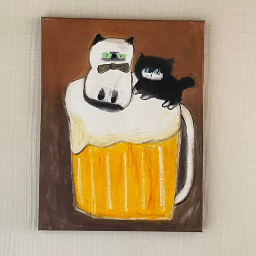 絵画。原画☆キャンバスF6【かわいい猫2匹とビールを飲みます】 絵画 ...