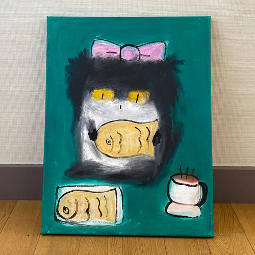 絵画。原画☆キャンバスF6【鯛焼きとコーヒーが好きな猫ちゃん】 絵画 ...