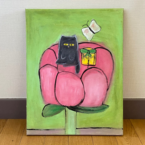 絵画。原画☆キャンバスF6【黒猫はプレゼントを持って花が咲く日を迎え