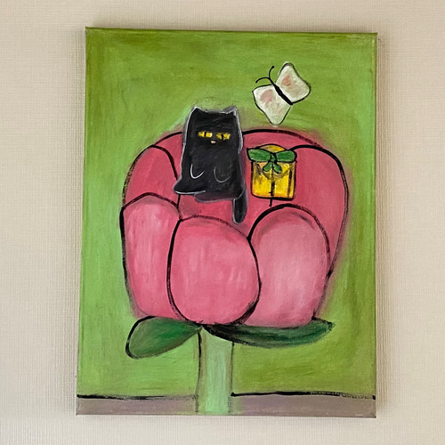 絵画。原画☆キャンバスF6【黒猫はプレゼントを持って花が咲く日を迎え