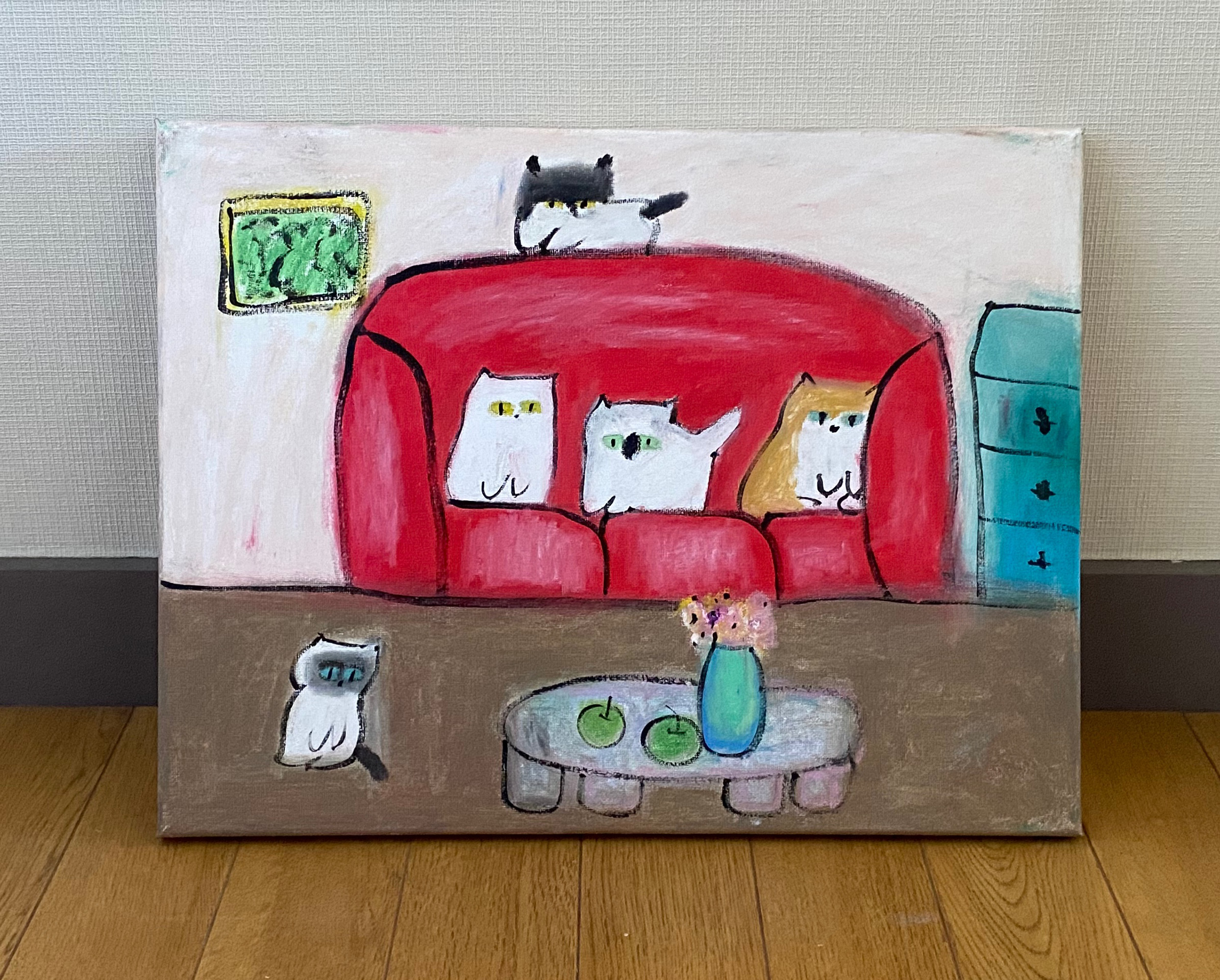 絵画。原画☆キャンバスF10【かわいい猫たちが一緒に香ばしいお