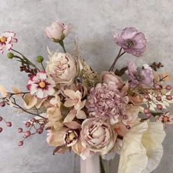 八重咲きバラ＆ポピーの実物bouquet □ニュアンスカラー□ アーティフィシャルフラワー　ウェディングブーケ 2枚目の画像