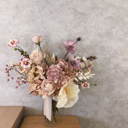 八重咲きバラ＆ポピーの実物bouquet □ニュアンスカラー□ アーティフィシャルフラワー　ウェディングブーケ 1枚目の画像