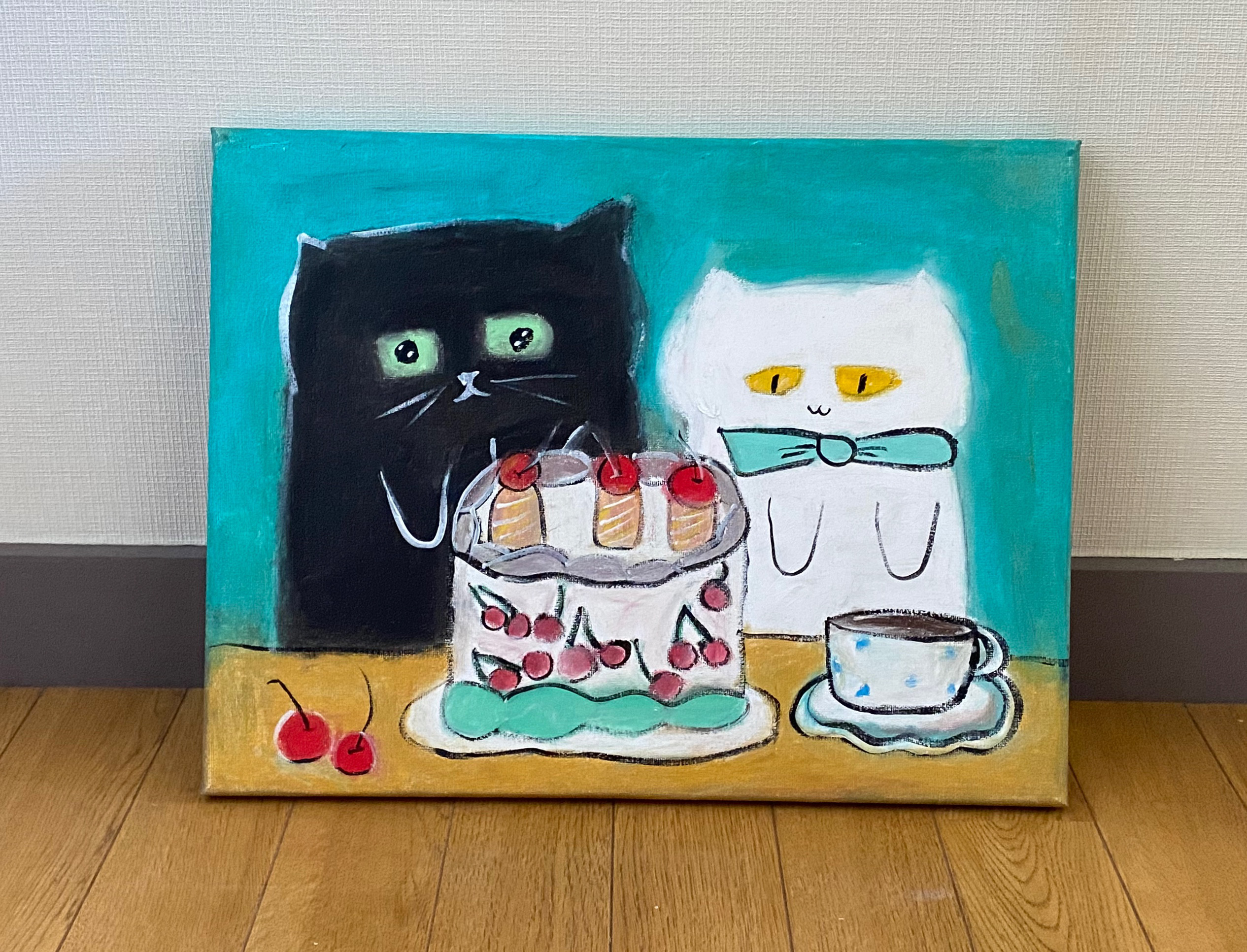 絵画。原画【猫ちゃんは鳥と一緒にお菓子を楽しく食べます】 絵画。原画【猫ちゃんは鳥と一緒にお菓子を楽しく食べます】
