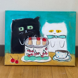 絵画。原画☆キャンバスF6【黒猫は白猫とデートして美味しいケーキを食べます】