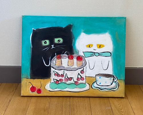 絵画。原画☆キャンバスF6【かわいい猫2匹とビールを飲みます