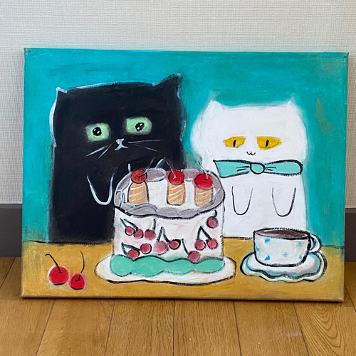 絵画。原画☆キャンバスF6【黒猫は白猫とデートして美味しいケーキを ...