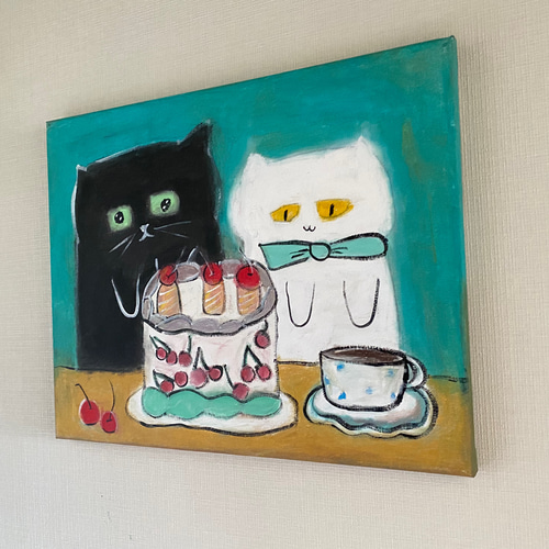絵画。原画☆キャンバスF6【黒猫は白猫とデートして美味しい
