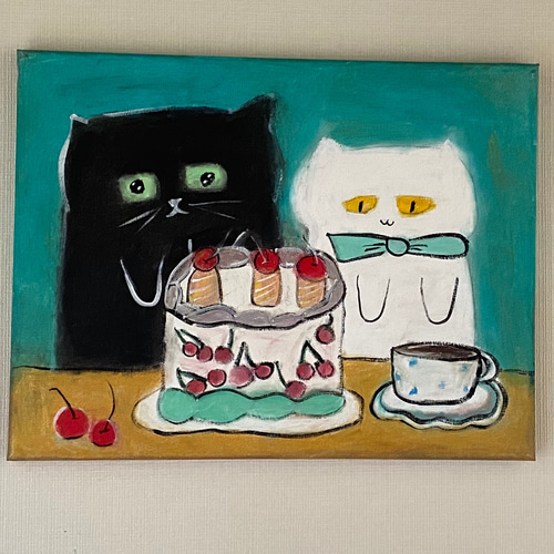 【国内配送】 絵画。原画☆キャンバスF6【黒猫は白猫とデートして美味しい 絵画