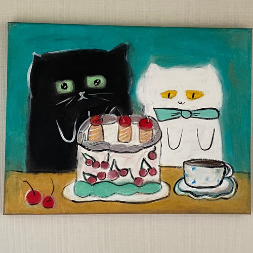 絵画。原画☆キャンバスF6【黒猫は白猫とデートして美味しいケーキを食べます】 絵画。原画☆キャンバスF6【黒猫は白猫とデートして美味しい