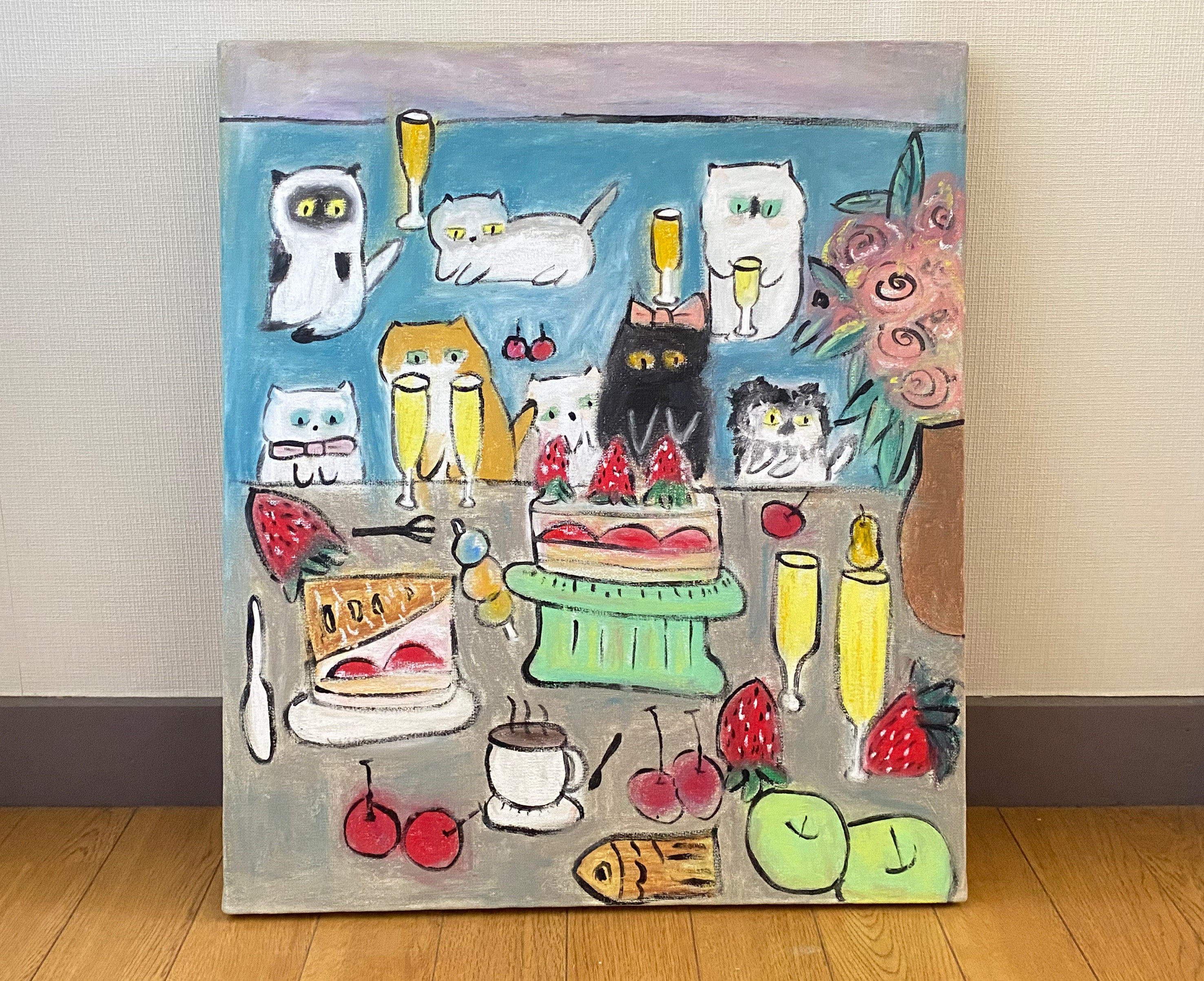 絵画。原画【二匹の猫が一緒にデートの道にきれいな星を探しに行きます】 絵画。原画【二匹の猫が一緒にデートの道にきれいな星を探しに