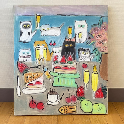 絵画。原画☆キャンバスF10【猫たちの豊かなシャンパンケーキ