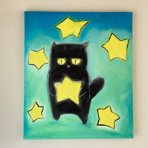 絵画。原画☆キャンバス F10【夜、黒猫が星を抱いて願い事をする】