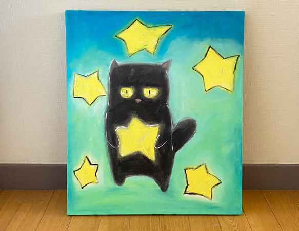絵画。原画☆キャンバス F10【夜、黒猫が星を抱いて願い事をする】 絵画。原画☆キャンバス F10【夜、黒猫が星を抱いて願い事をする】