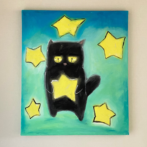 絵画。原画☆キャンバス F10【夜、黒猫が星を抱いて願い事をする】 絵画。原画☆キャンバス F10【夜、黒猫が星を抱いて願い事をする