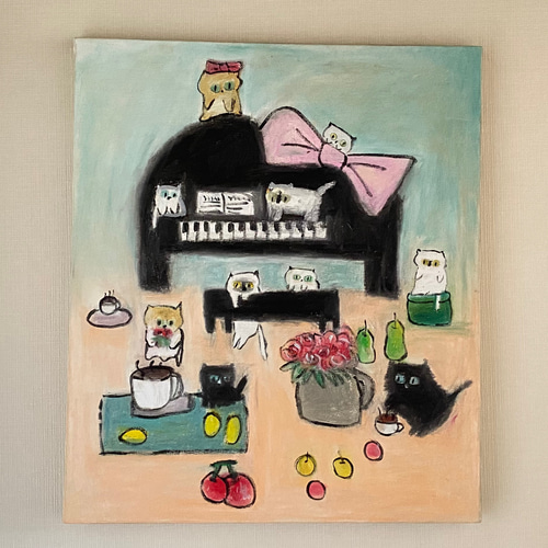 絵画。原画☆キャンバスF10【可愛い猫たちのピアノ演奏会が