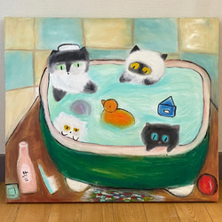 絵画。原画☆キャンバスF6【猫たちはソファーで楽しくゲームをしている】 絵画。原画☆キャンバスF6【猫たちはソファーで楽しくゲームをし