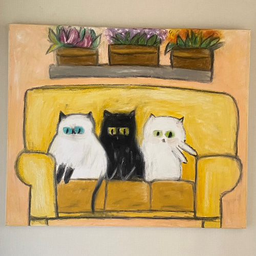 絵画。原画☆キャンバスF20【子猫たちのソファーでの幸せな瞬間に属する】