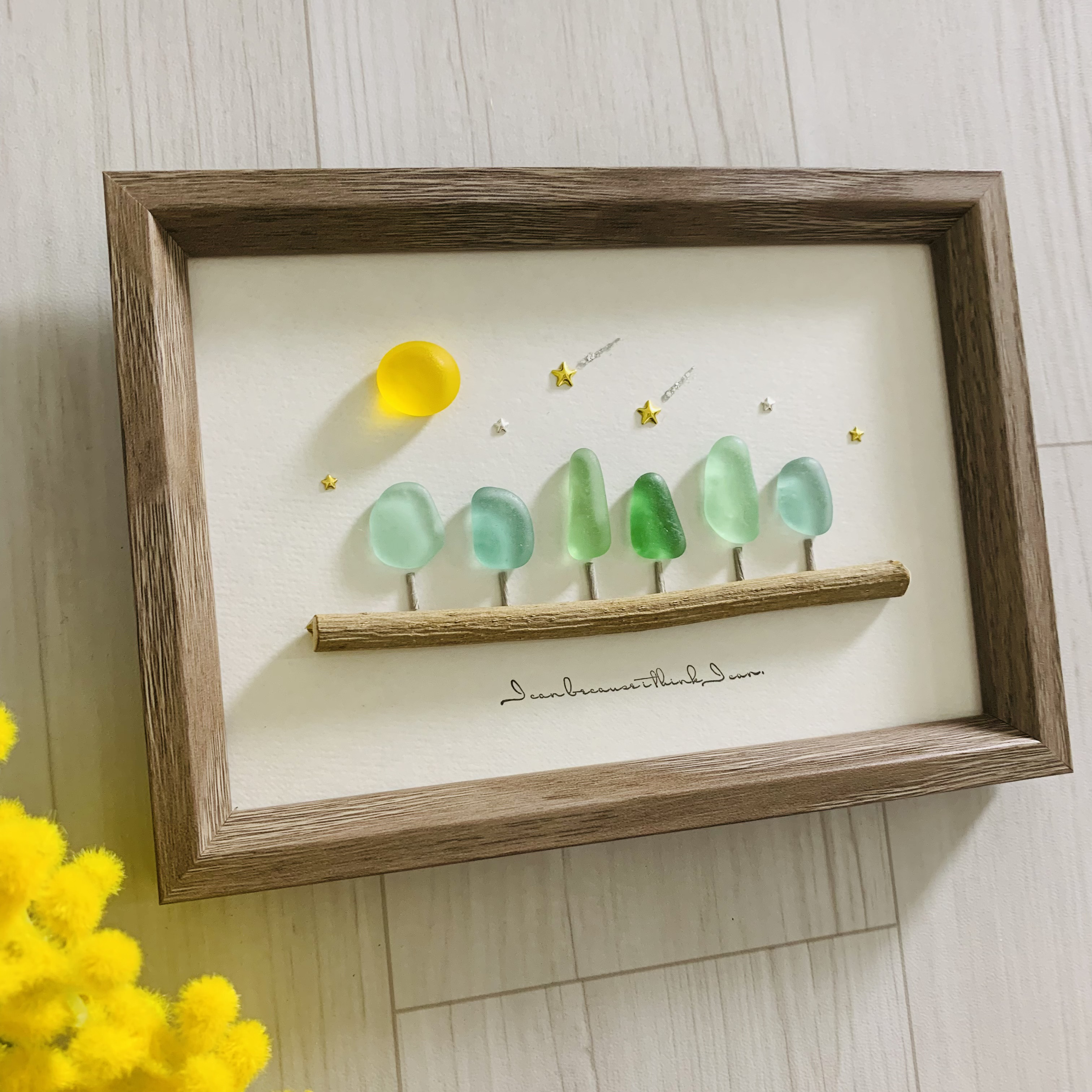 シーグラス／天然石／フレームアート／ガラス／手描き 気球の旅〜テディベア〜