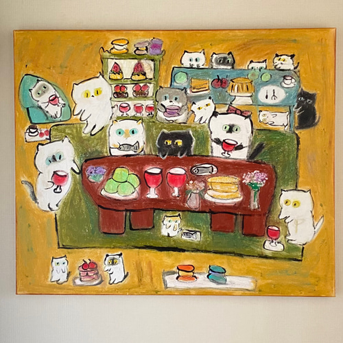絵画。原画☆キャンバスF20【猫ちゃんたちは楽しくワインパーティーに参加します】 絵画。原画☆キャンバスF20【猫ちゃんたちは楽しくワイン
