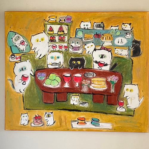 絵画。原画☆キャンバスF20【子猫たちのソファーでの幸せな瞬間に