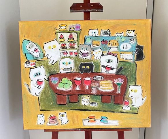 絵画。原画☆キャンバスF20【猫ちゃんたちは楽しくワイン