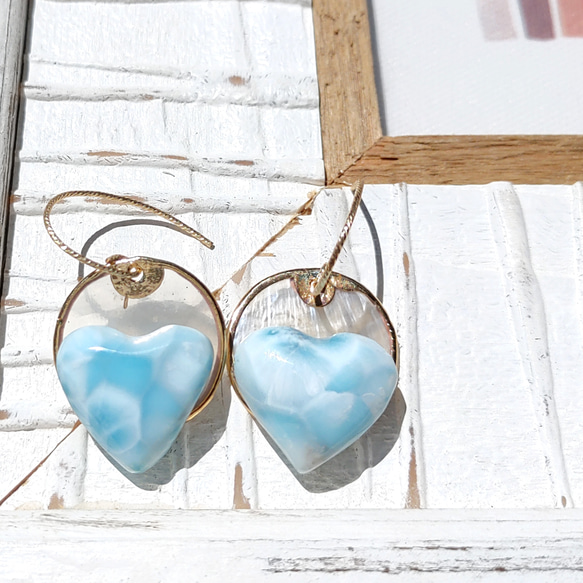 ❁Larimar sunrise earrings 14kgf♡可愛いハイクラスハートラリマー 5枚目の画像