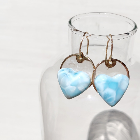 ❁Larimar sunrise earrings 14kgf♡可愛いハイクラスハートラリマー 6枚目の画像