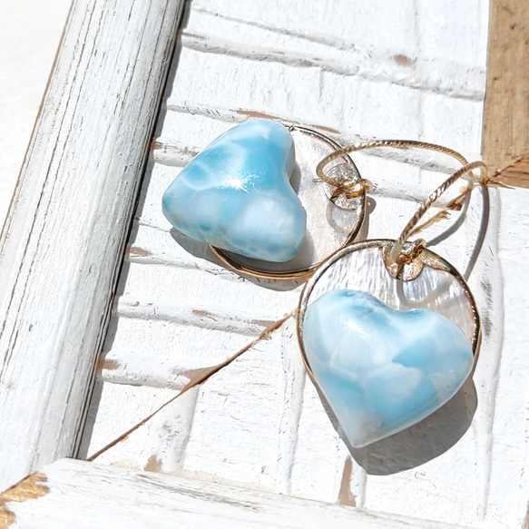 ❁Larimar sunrise earrings 14kgf♡可愛いハイクラスハートラリマー 2枚目の画像