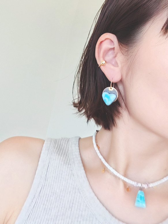 ❁Larimar sunrise earrings 14kgf♡可愛いハイクラスハートラリマー 4枚目の画像