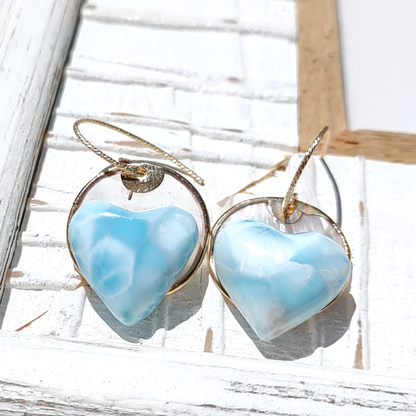 ❁Larimar sunrise earrings 14kgf♡可愛いハイクラスハートラリマー 8枚目の画像