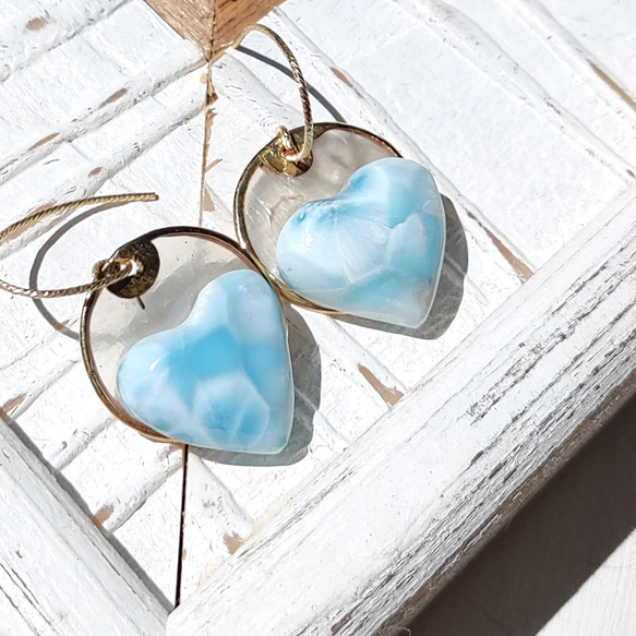 ❁Larimar sunrise earrings 14kgf♡可愛いハイクラスハートラリマー 9枚目の画像