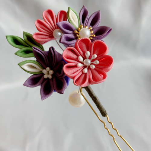 成人式、七五三、卒業式、和装、着物、浴衣、つまみ細工髪飾り ピンク