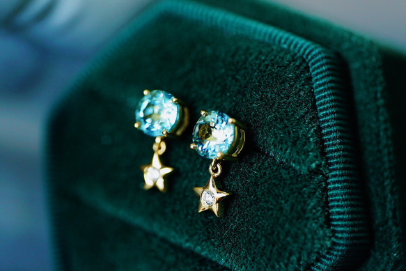 「星」K18イエローゴールド　天然アクアマリン　天然ダイヤモンド　ピアス　計1ct 和名藍玉　水宝玉 3月誕生石 8枚目の画像