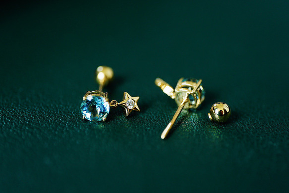 「星」K18イエローゴールド　天然アクアマリン　天然ダイヤモンド　ピアス　計1ct 和名藍玉　水宝玉 3月誕生石 4枚目の画像