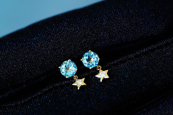 「星」K18イエローゴールド　天然アクアマリン　天然ダイヤモンド　ピアス　計1ct 和名藍玉　水宝玉 3月誕生石 6枚目の画像