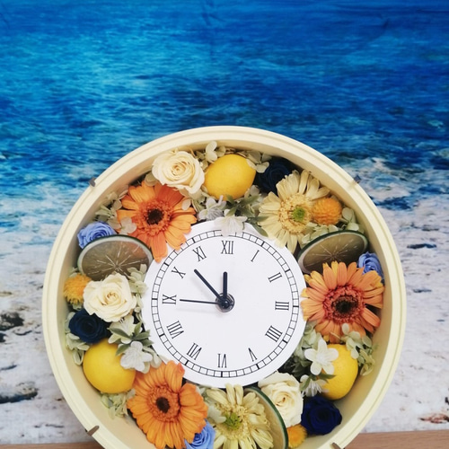 オレンジ花時計 置時計掛け時計 プリザーブドフラワー 新築祝い開店