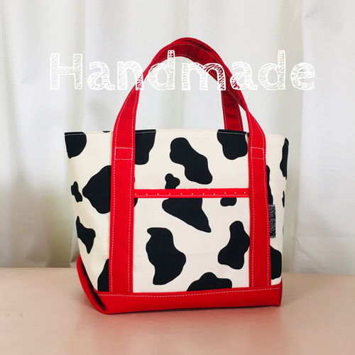 牛柄ホルスタイン三角マチミニトートバッグ（赤/ベージュ  