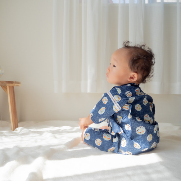 昔ながらの甚平セット（とんぼ柄：紺）男の子　ねじりはちまきのヘアバンドセット 4枚目の画像