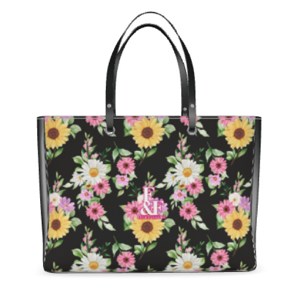 【ビッグ】デザイントートバッグ ビッグ 花柄 ロゴ トート バッグ カバン オシャレ 夏 ひまわり フラワー ブラック