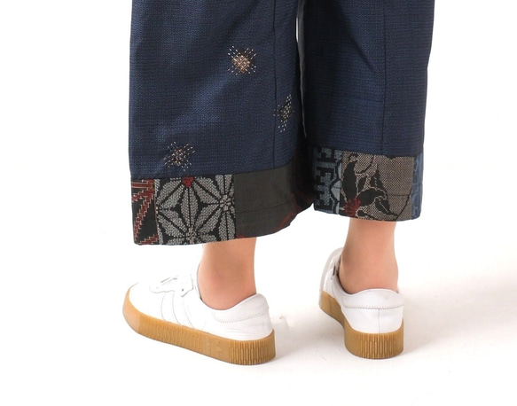大島紬のパッチワークワイドパンツ　青亀甲　刺し子　お好みの股下丈で　着物リメイク 12枚目の画像
