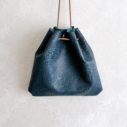 一枚革 巾着 ショルダー バッグ 本革 レザー ペイズリー ネイビー 巾着