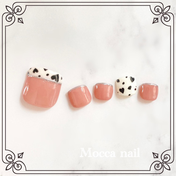 146】ハートダルメシアンフレンチ×ピンクコーラル フットネイルチップ