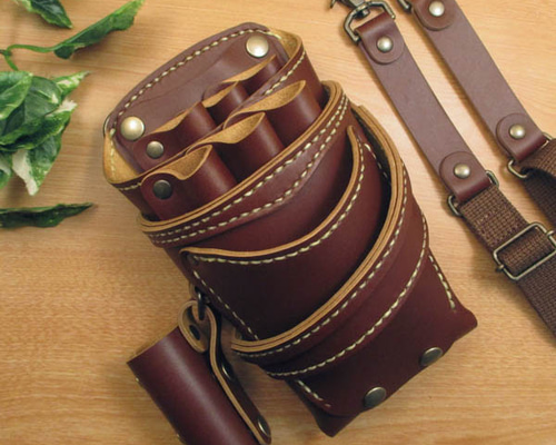 手縫い 本革 シザーケース (ブラウン) 6丁差し ブラシケース付き