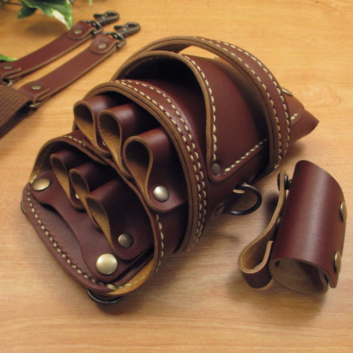 手縫い 本革 シザーケース (ブラウン) 6丁差し ブラシケース付き