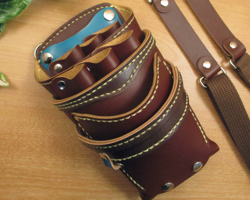 キャメル＆ダークグリーン7丁差し本革シザーケースSCA-254/CCA